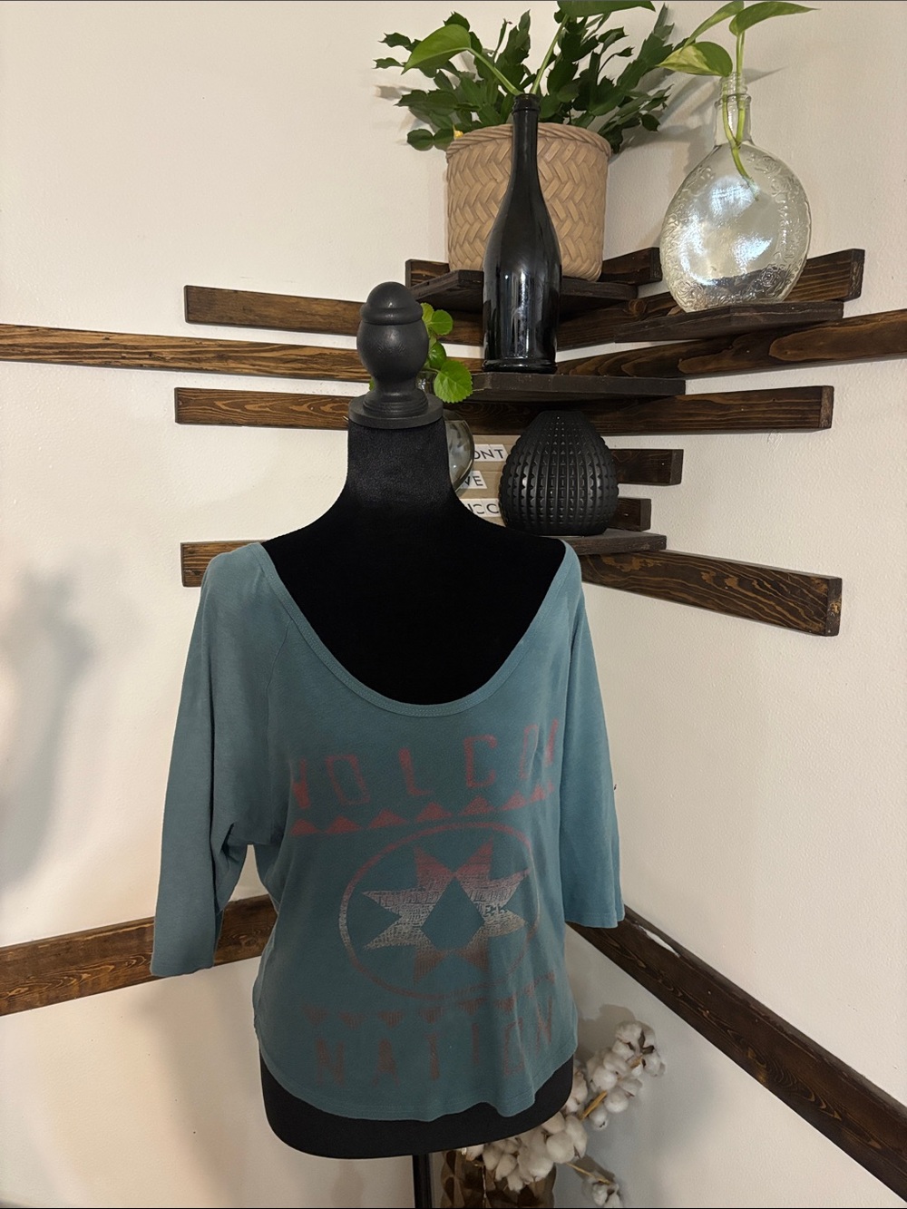Volcom Off-Shoulder Graphic Sweatshirt in Teal